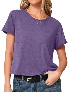 Women's Purple Summer Short Sleeve Crewneck Crop Casual and Flowy Style T Shirt